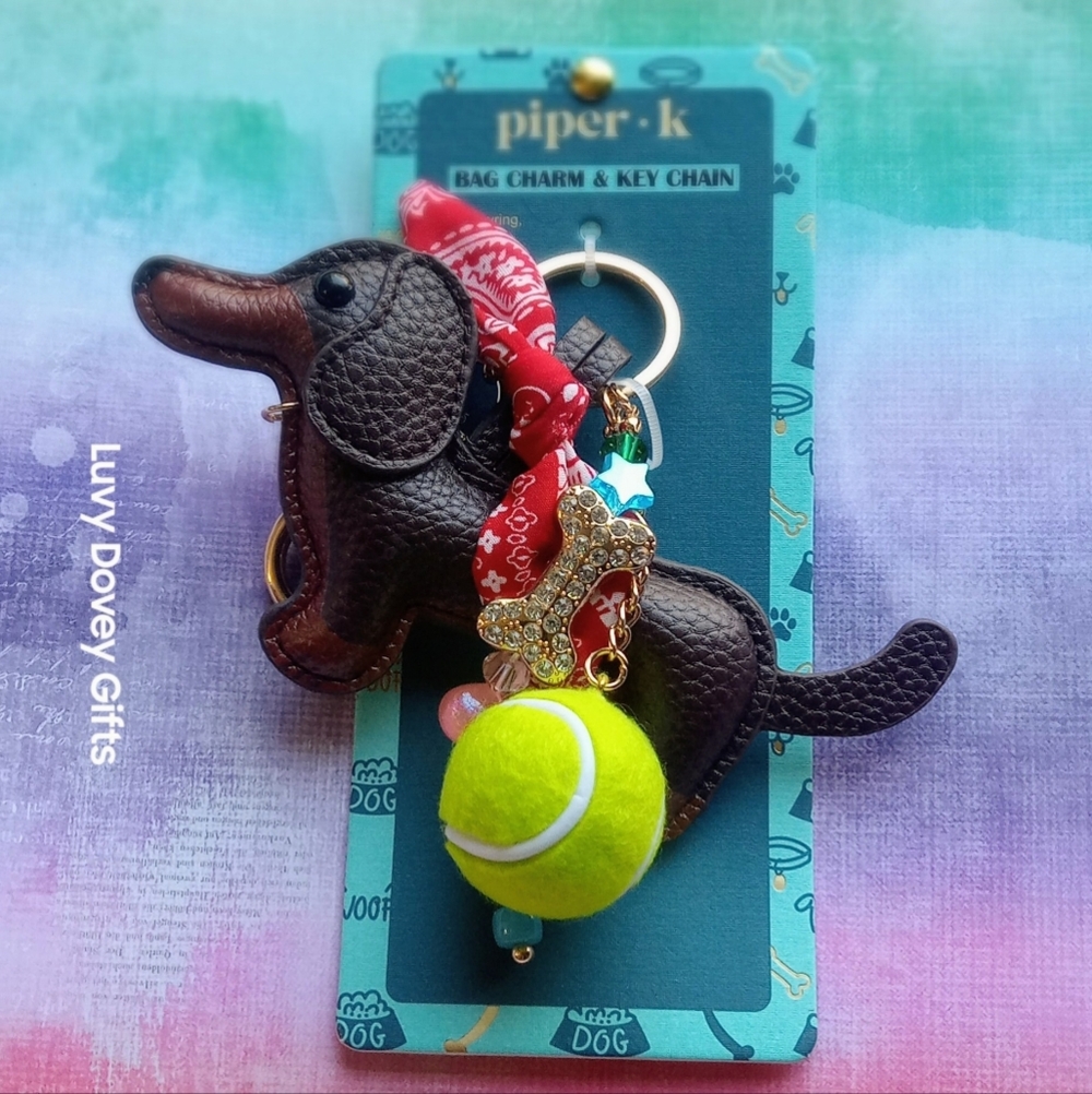 PIPER K Dachshund Dog Tennis Ball Rhinestone Key Chain Bag Charm ~ New in Box